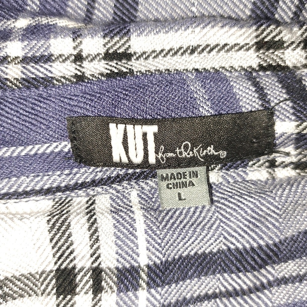 KUT from the Kloth Blue Plaid Metallic Shimmer Button Down Shirt Large - Picture 7 of 7